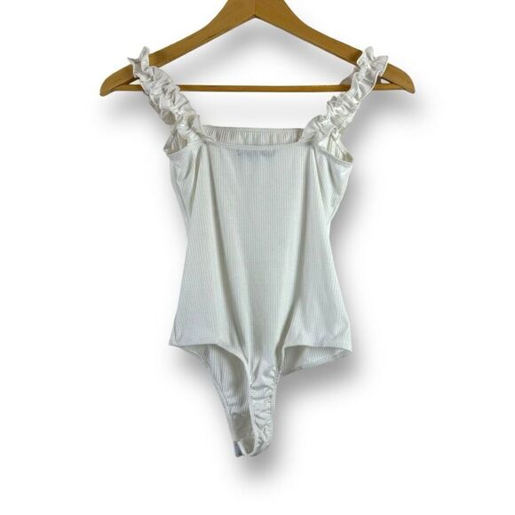 21 Saints Women's S Ruffle Strap Ribbed Bodysuit White Elevated Basic Coquette - Picture 2 of 7